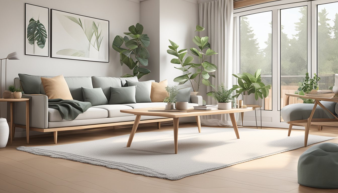 A cozy living room with minimalist furniture, natural light, and neutral colors. Wood accents, clean lines, and a touch of greenery create a serene Scandinavian atmosphere