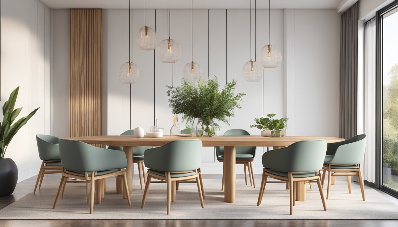 A group of rattan dining chairs arranged around a table in a modern dining room, with a sleek and minimalist design