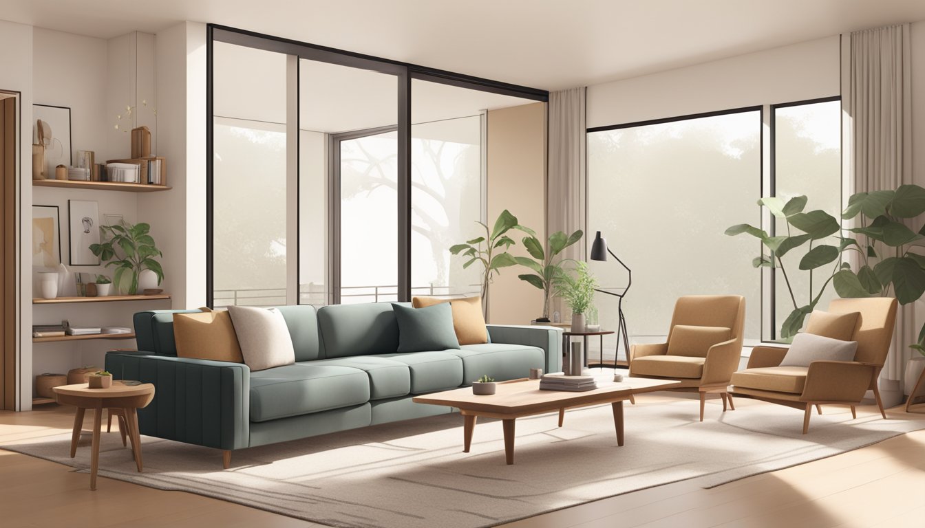 A minimalist living room with clean lines, natural materials, and neutral colors. A cozy reading nook with a mid-century modern armchair and a simple, functional workspace with plenty of natural light