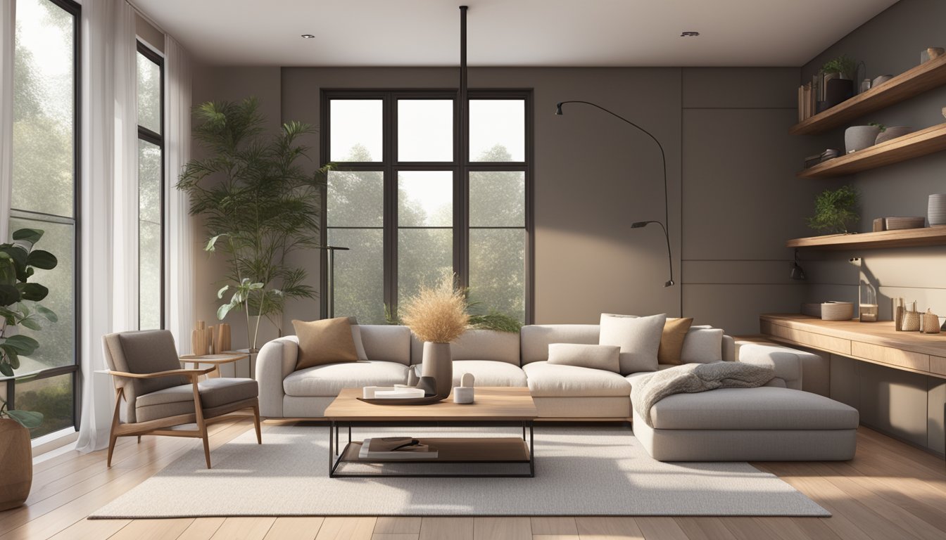 A cozy living room with minimalistic furniture, natural light, and neutral colors. A fireplace and wooden accents add warmth to the space