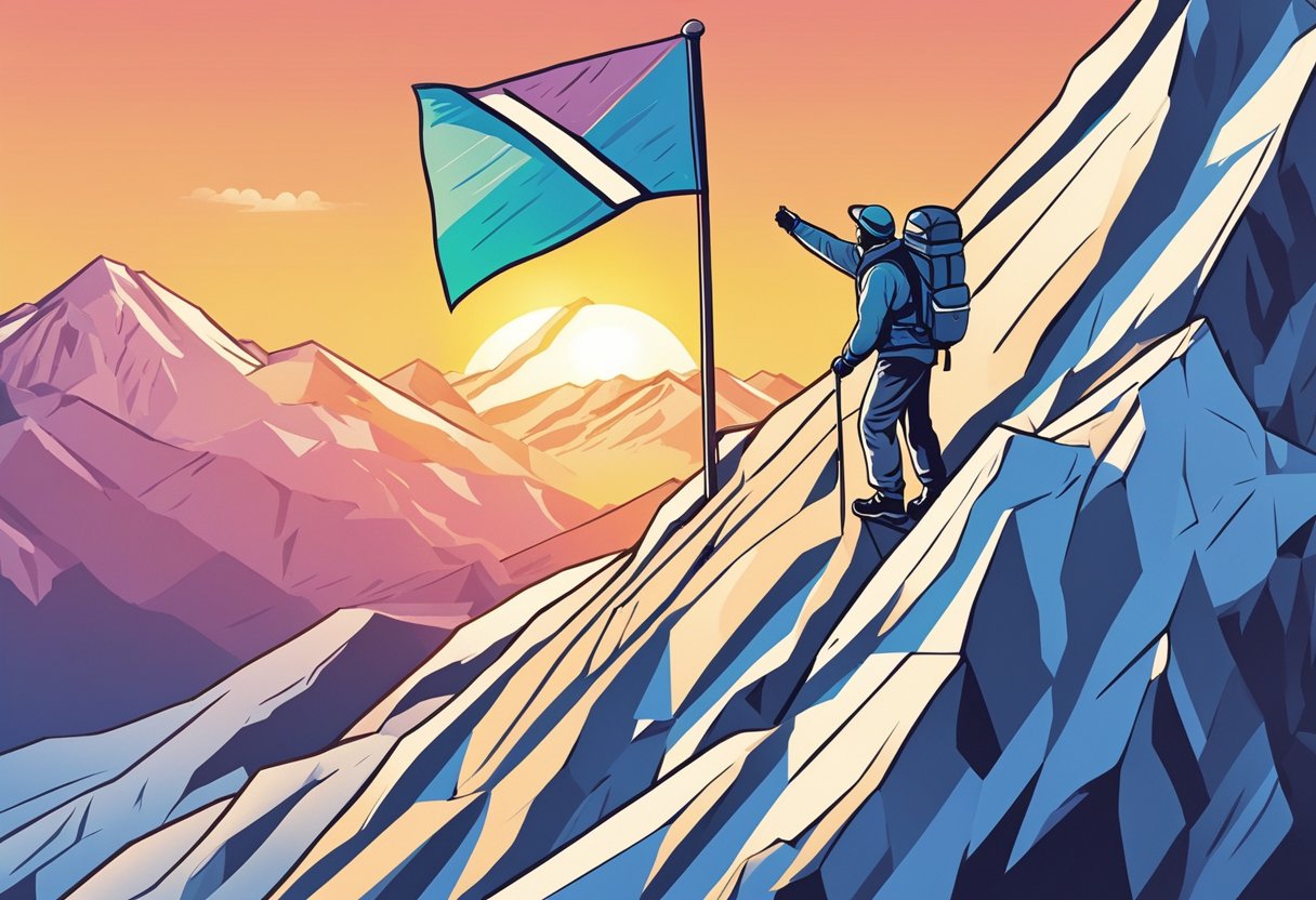 A mountain climber reaching the summit with a flag that reads "dedication" against a backdrop of a sunrise