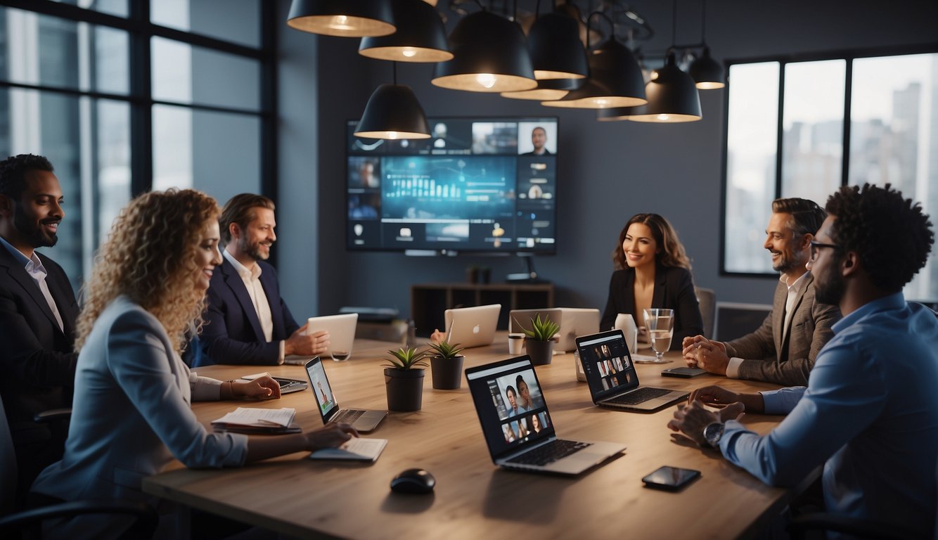 A virtual meeting with multiple participants sharing ideas and actively engaging with each other. Screens display visual aids and a collaborative digital workspace