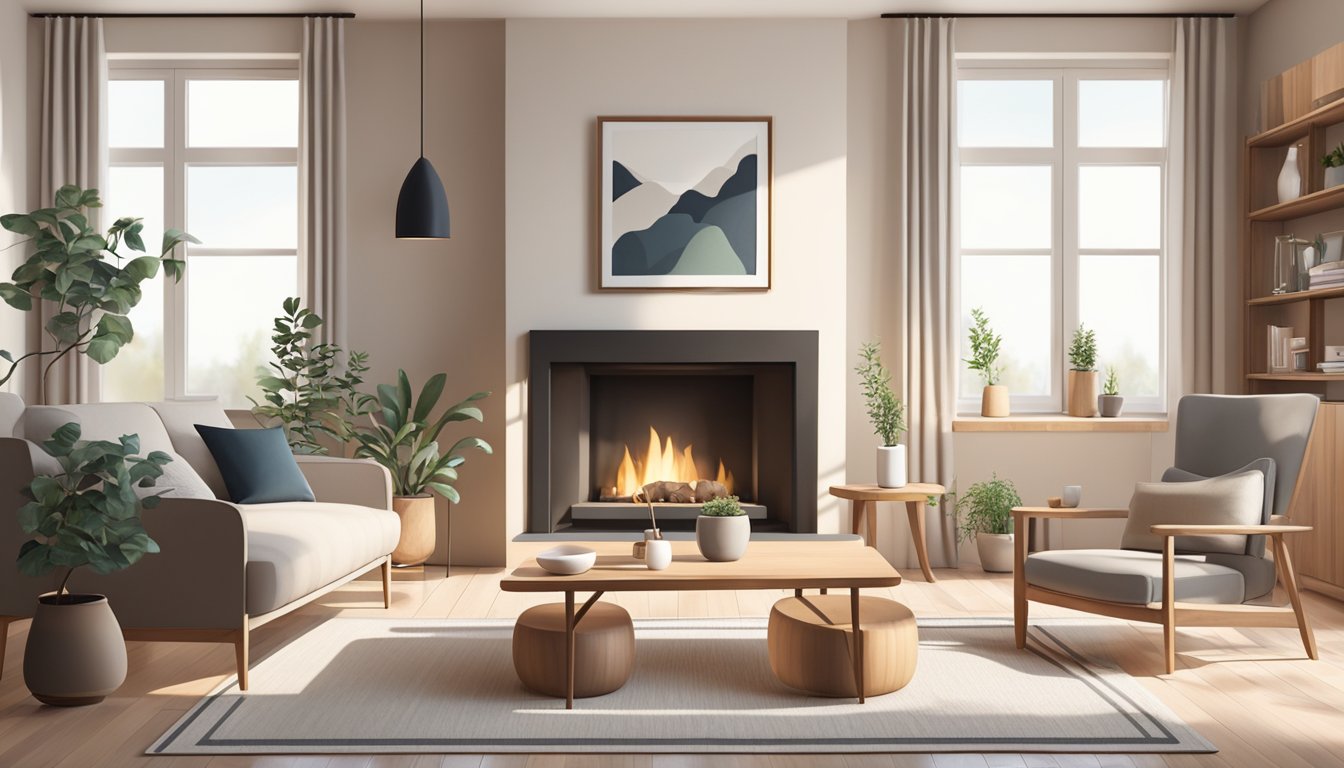 A cozy living room with minimalist furniture, natural light, and neutral colors. A fireplace and wooden accents add warmth to the Scandinavian interior design