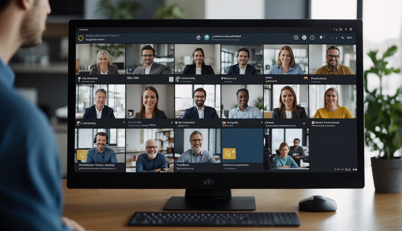 A virtual meeting with team members collaborating on a shared screen, exchanging ideas and feedback in real-time. Multiple windows open, showing video feeds and shared documents