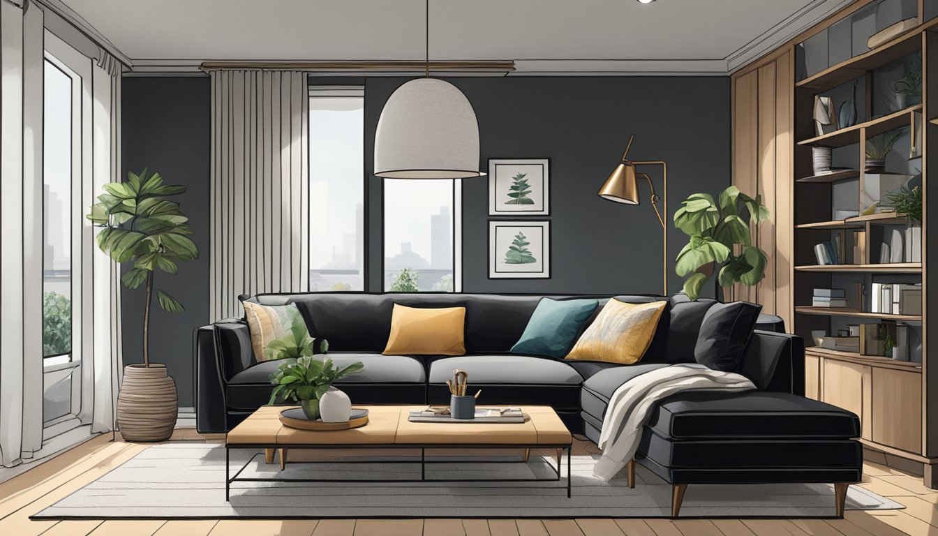 A black sofa sits in the center of a well-lit living room, surrounded by modern decor and soft, plush pillows