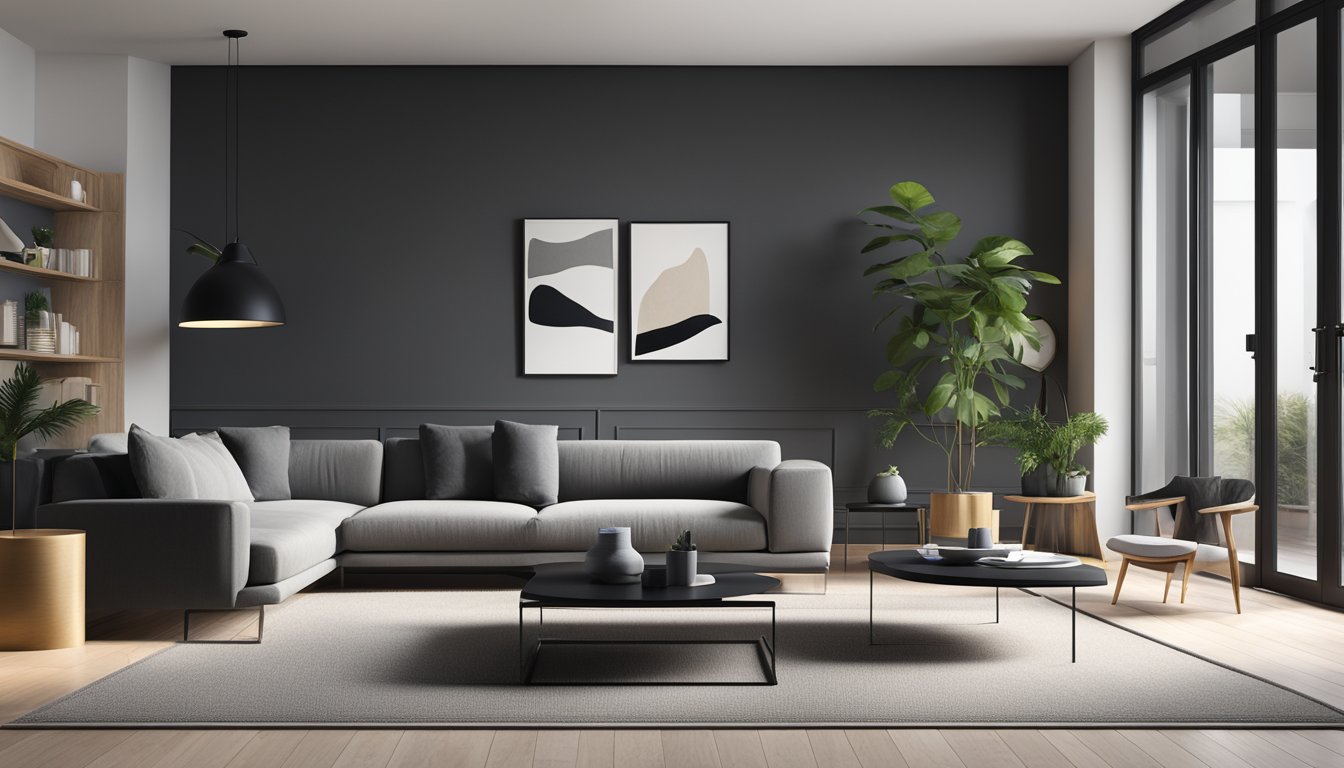 A sleek black sofa sits in a modern living room, surrounded by minimalist decor and bathed in natural light