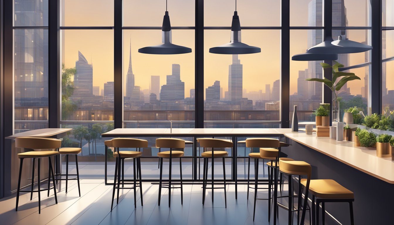 A high bar table stands in a modern cafe, surrounded by sleek bar stools. In the background, a bustling city street can be seen through large windows