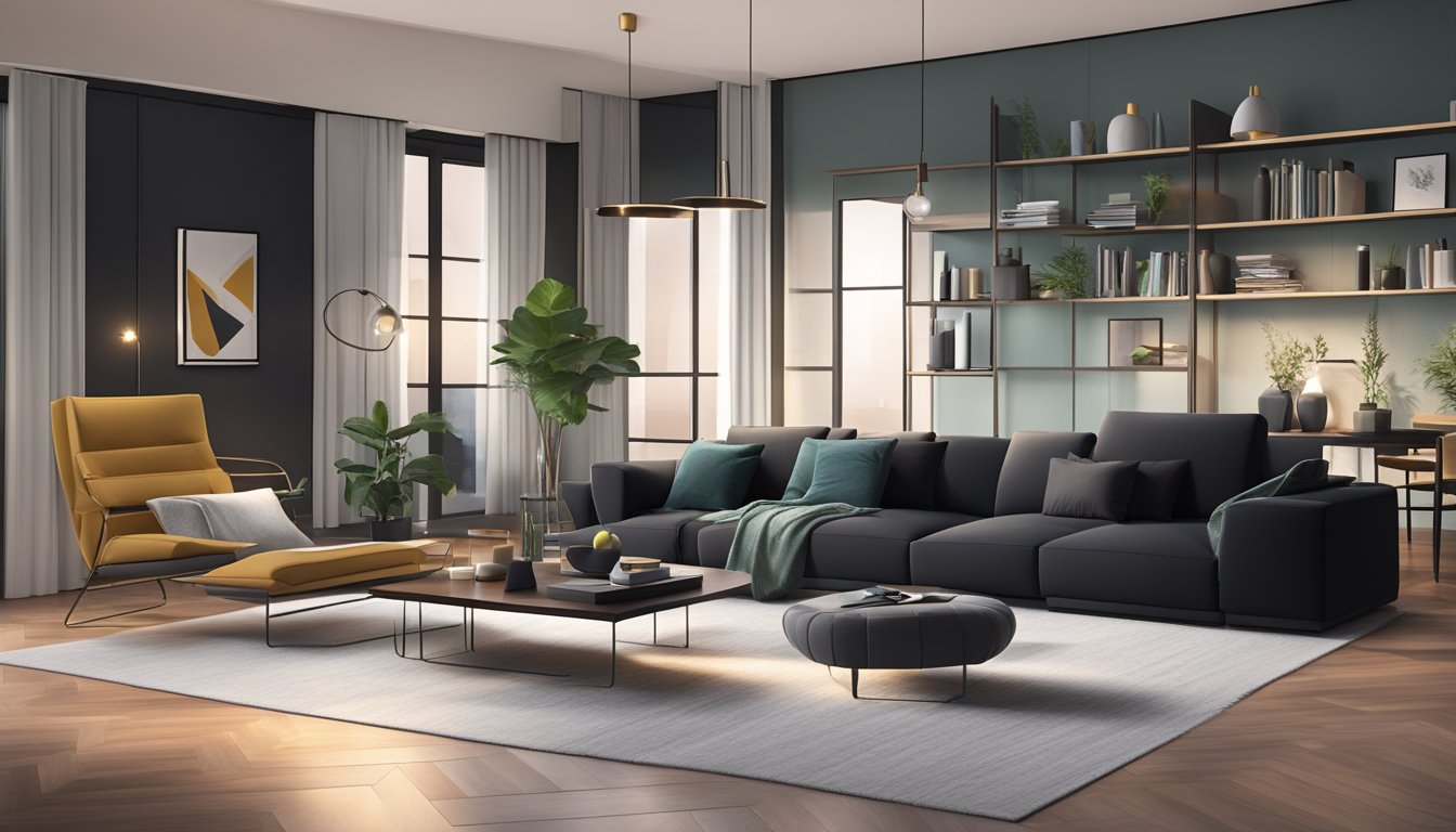 A spacious living room with a sleek black sofa, surrounded by modern furniture and soft lighting