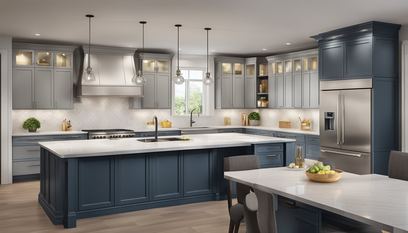 Luxurious kitchen cabinets gleam under the bright, recessed lighting, showcasing their sleek design and high-end finishes
