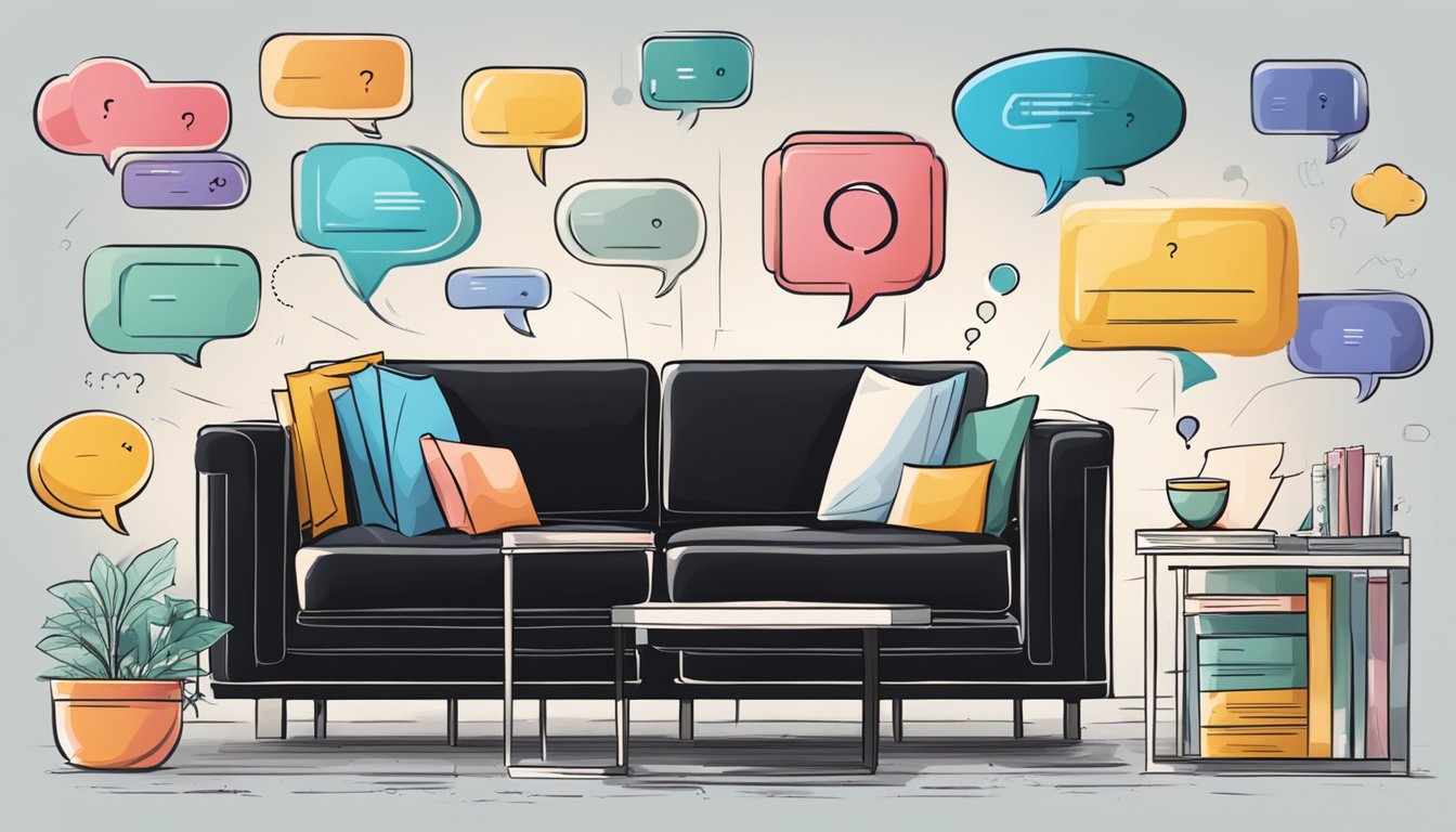 A black sofa surrounded by various frequently asked questions in speech bubbles