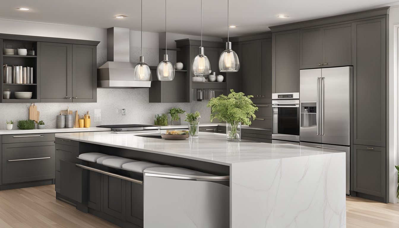 A modern kitchen with sleek, high-end cabinets and drawers, featuring clean lines and luxurious finishes