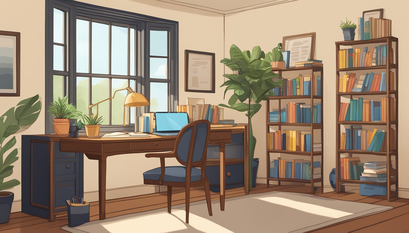 A cozy study corner with a desk, chair, bookshelf, and a lamp. The desk is cluttered with books, papers, and a mug of coffee. The window lets in soft natural light, and there's a potted plant on the