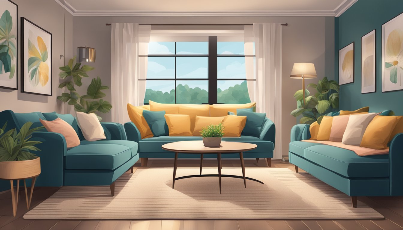 A cozy living room with a 2-seater sofa bed as the focal point, surrounded by stylish decor and soft lighting, creating a comfortable and inviting atmosphere