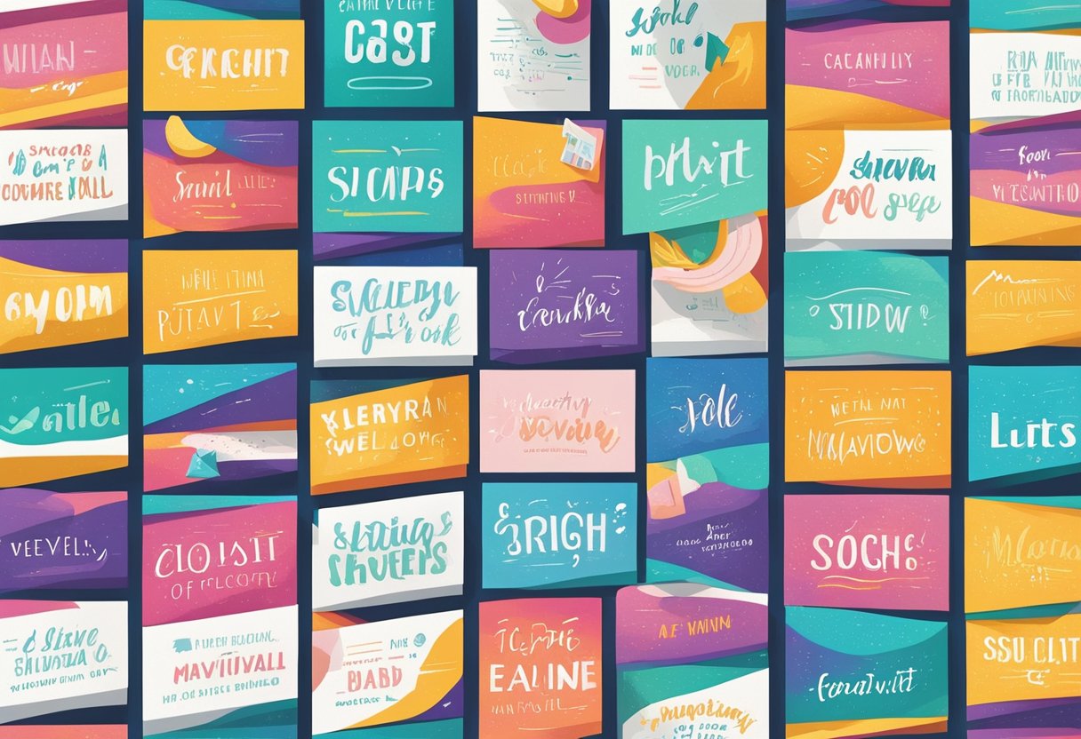 A stack of quote cards arranged in a neat row, with bold and inspiring words written in vibrant colors. Rays of light shining down, casting shadows and creating a sense of motivation and positivity