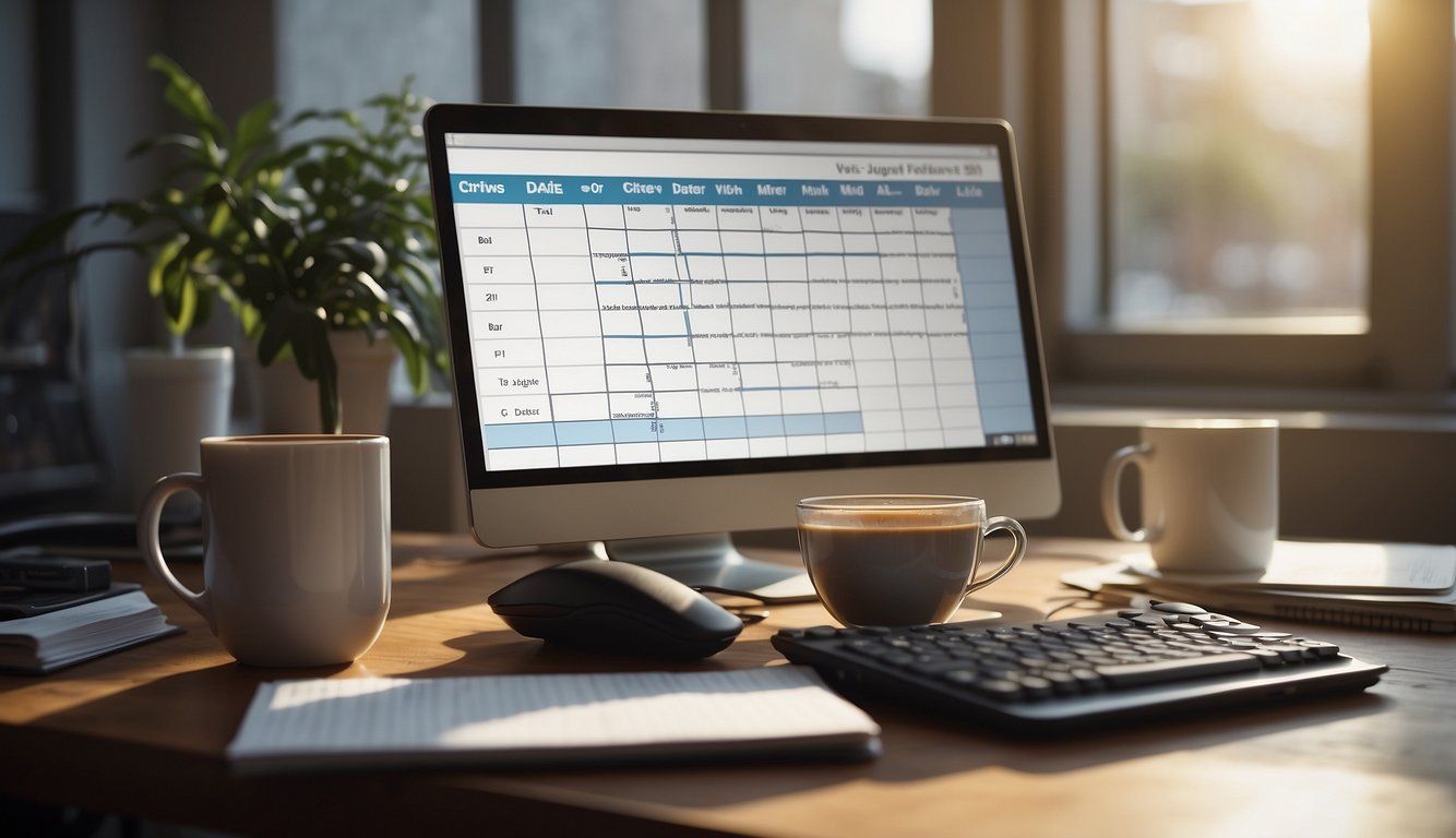 A cluttered desk with a computer, notebook, and coffee cup. A window with natural light. A calendar with dates crossed out