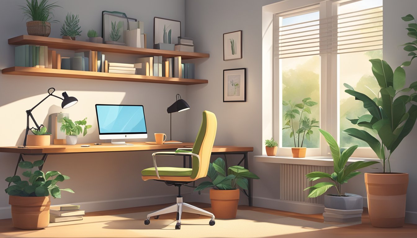 A cozy study corner with a large desk, comfortable chair, bookshelves, and a bright desk lamp. A large window lets in natural light, and a potted plant adds a touch of greenery