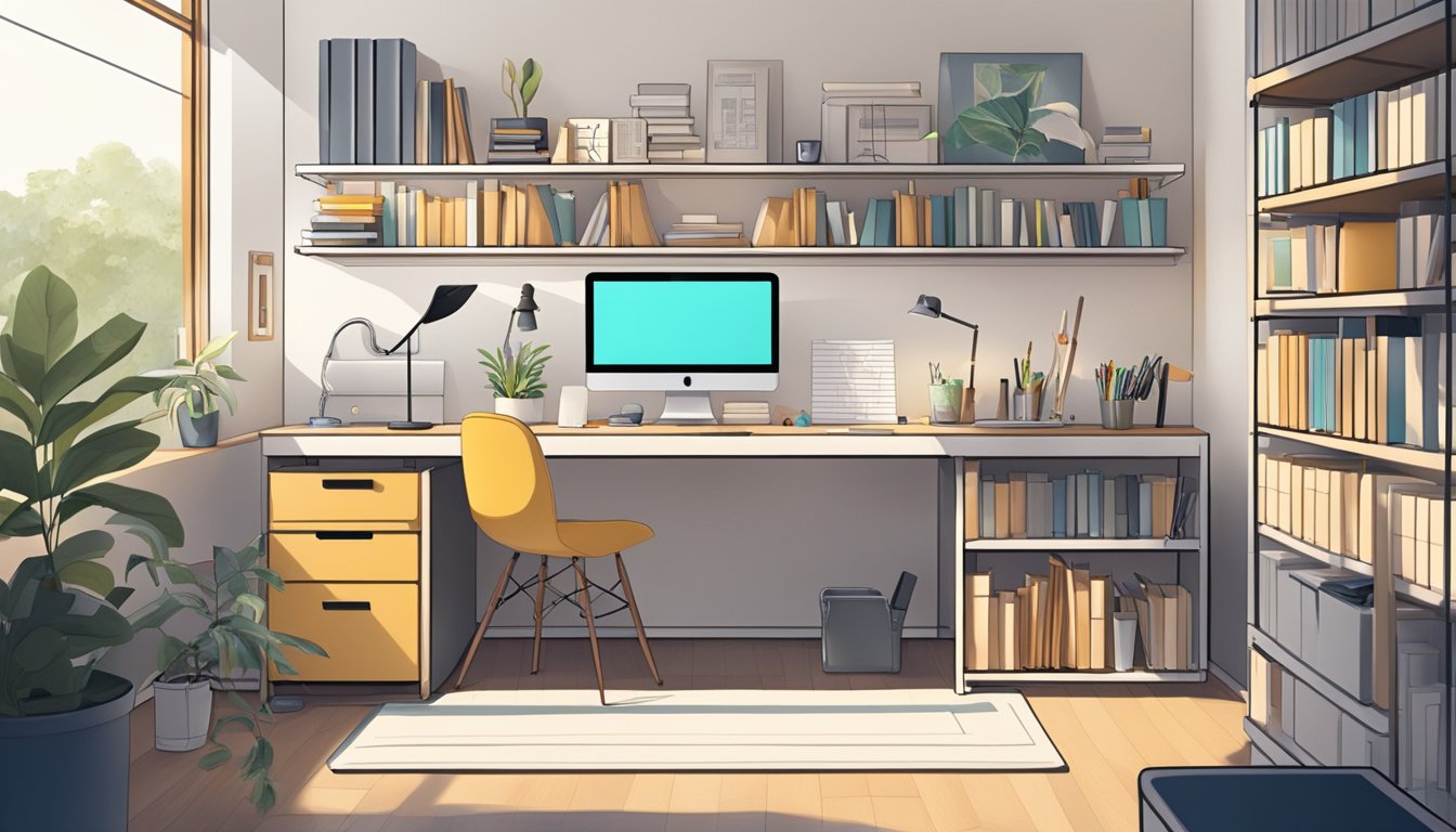 A well-lit study corner with organized desk, ergonomic chair, and shelves of books and supplies, creating an inviting and efficient workspace