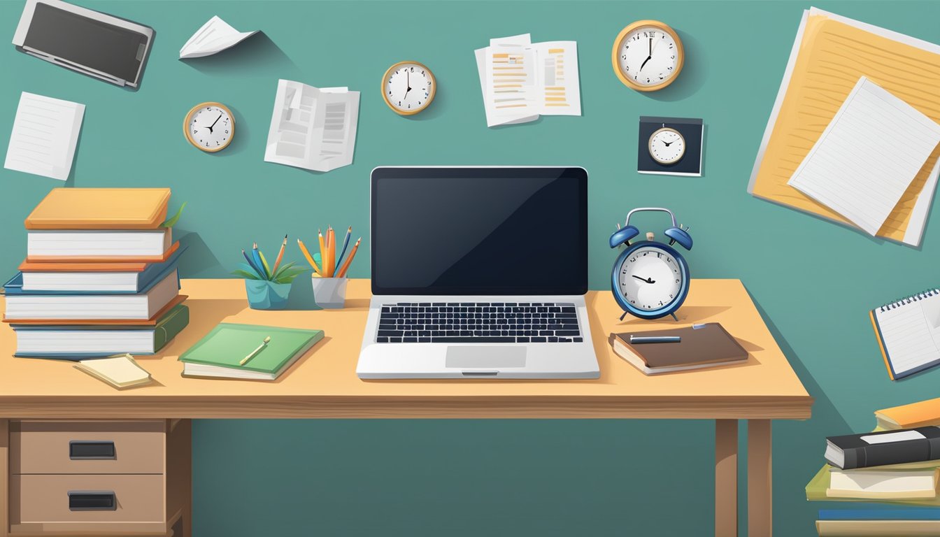 A desk with a laptop, books, and a notepad. A bulletin board with FAQs and a clock on the wall