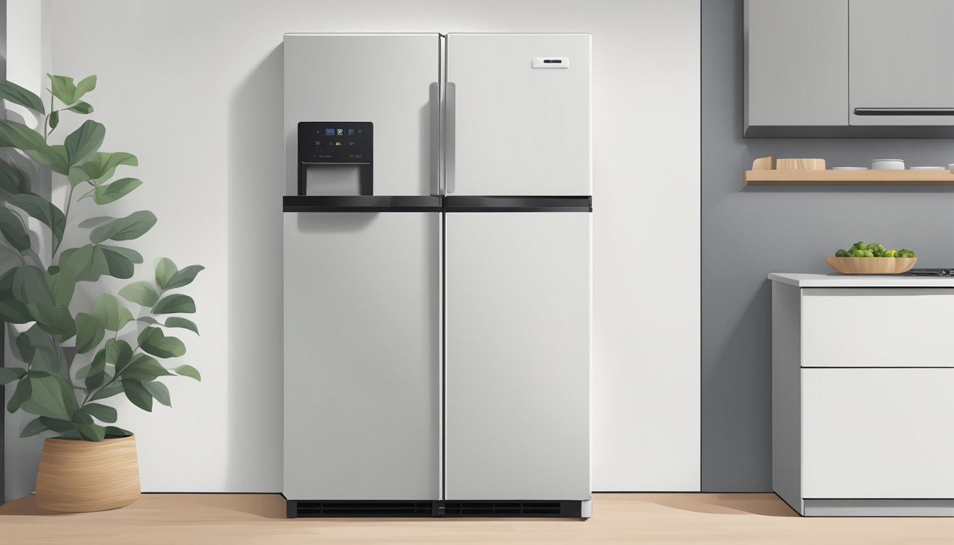 A small, white single-door fridge sits against a kitchen wall, its dimensions clearly visible