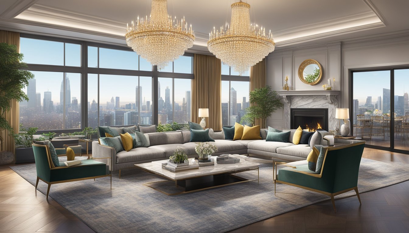 A grand chandelier illuminates a spacious, opulent living room with plush velvet sofas, marble fireplace, and floor-to-ceiling windows overlooking a city skyline