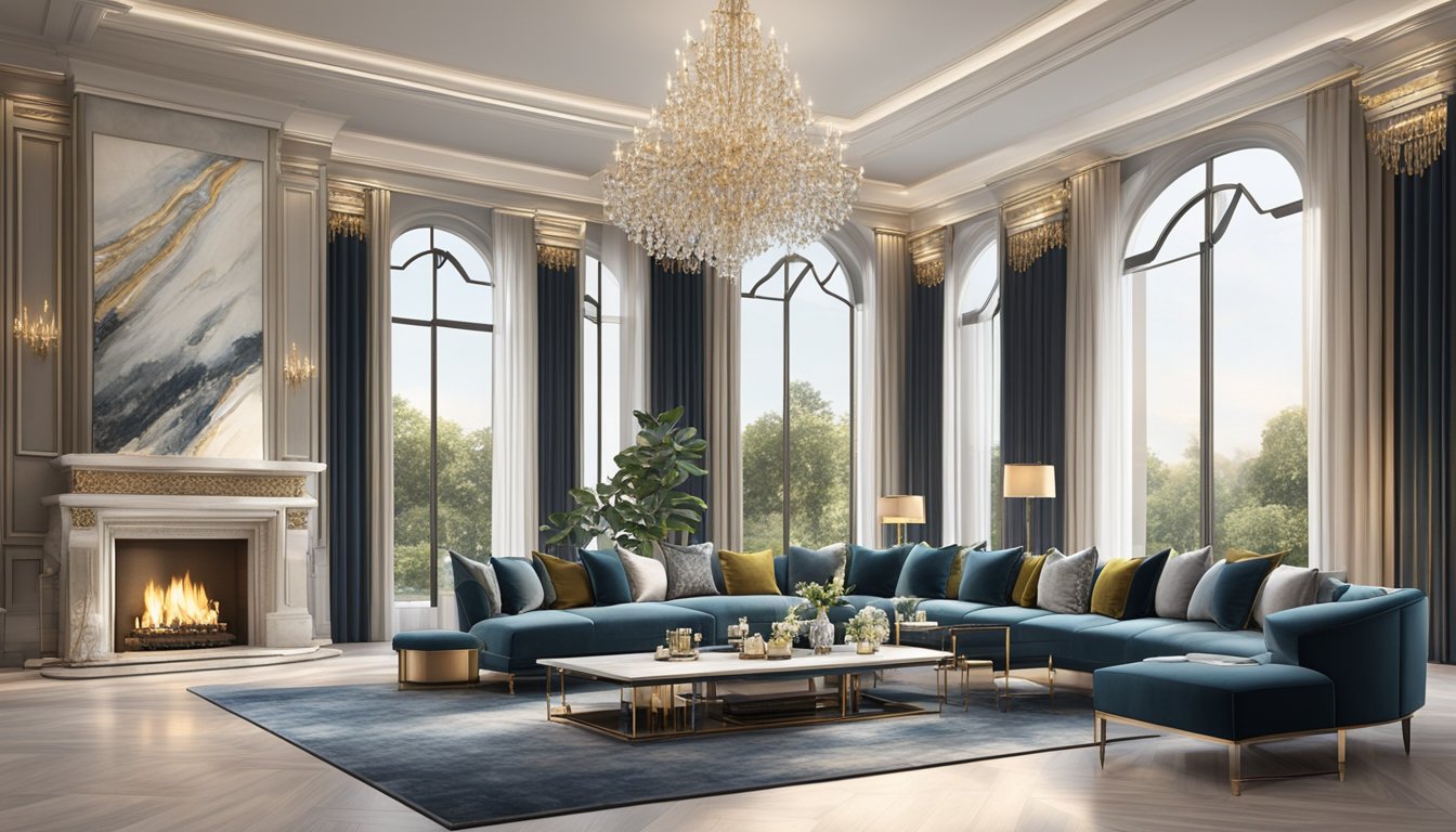 A spacious luxury living room with high ceilings, elegant chandeliers, plush velvet sofas, and marble accents. A grand fireplace and floor-to-ceiling windows offer natural light and stunning views