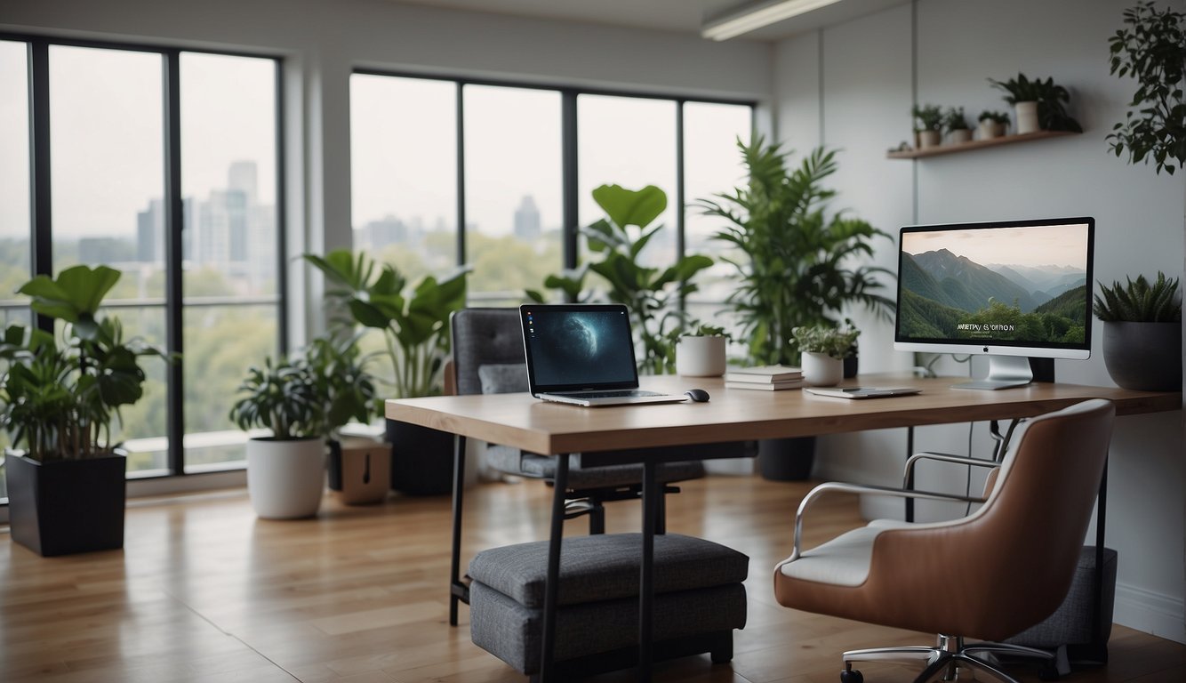 A serene office setting with natural lighting, plants, and ergonomic furniture. A laptop displaying a virtual meeting with a variety of well-being resources visible on the screen