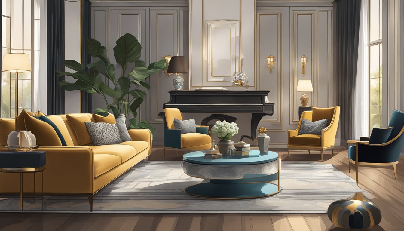 A well-dressed person selects high-end furniture and decor for a luxurious living room