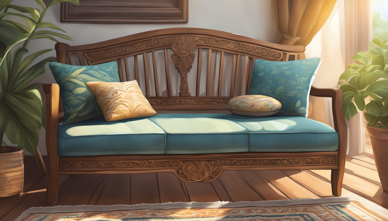 A cozy wooden settee, with ornate carvings and plush cushions, sits in a sunlit room with a patterned rug and potted plants