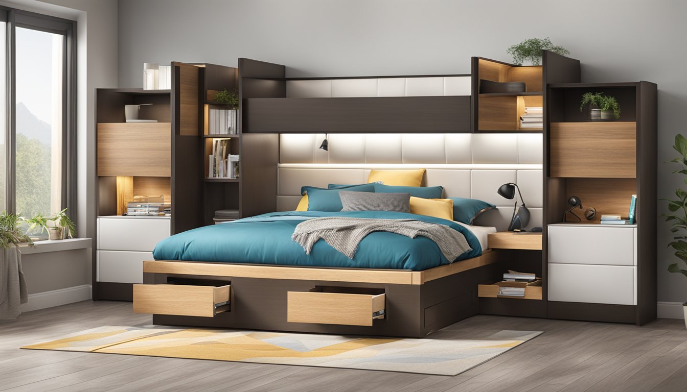 A bed with a headboard featuring built-in storage compartments