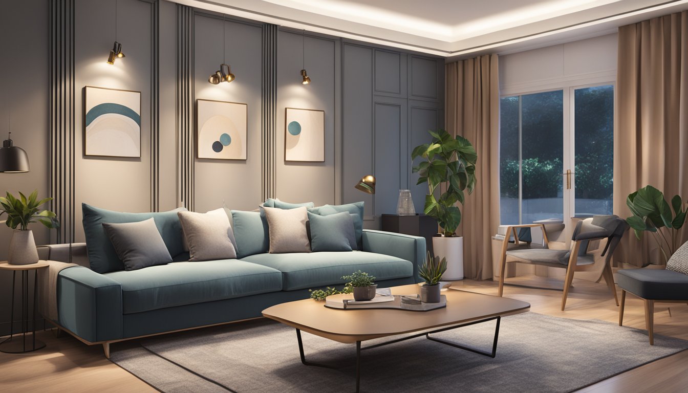 A cozy living room with a modern 2-seater sofa bed in Singapore, surrounded by stylish decor and soft lighting