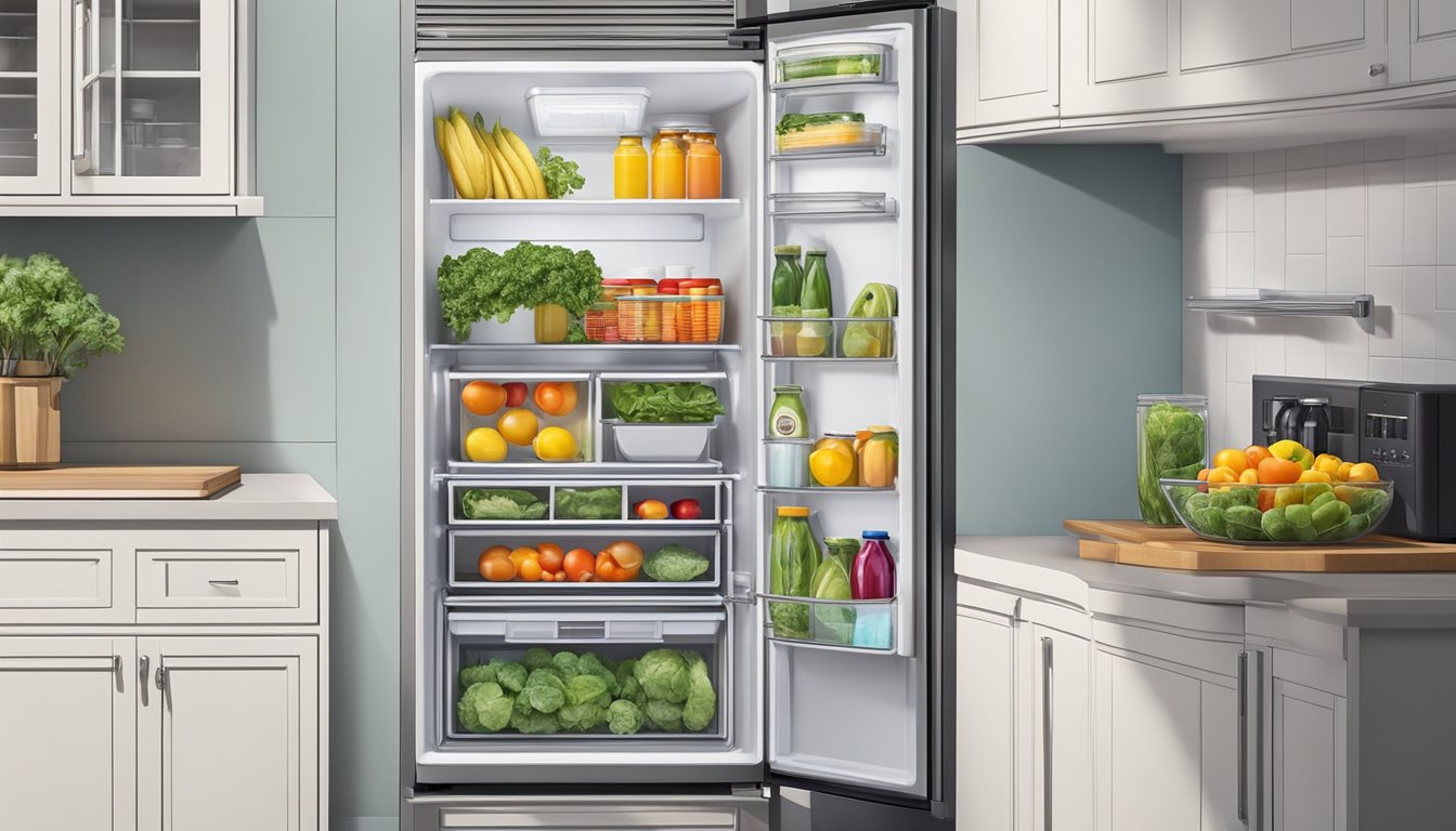 A single door fridge sits in a modern kitchen, fully stocked with fresh produce and beverages. The bright interior light illuminates the organized shelves and drawers, showcasing the spacious and efficient design
