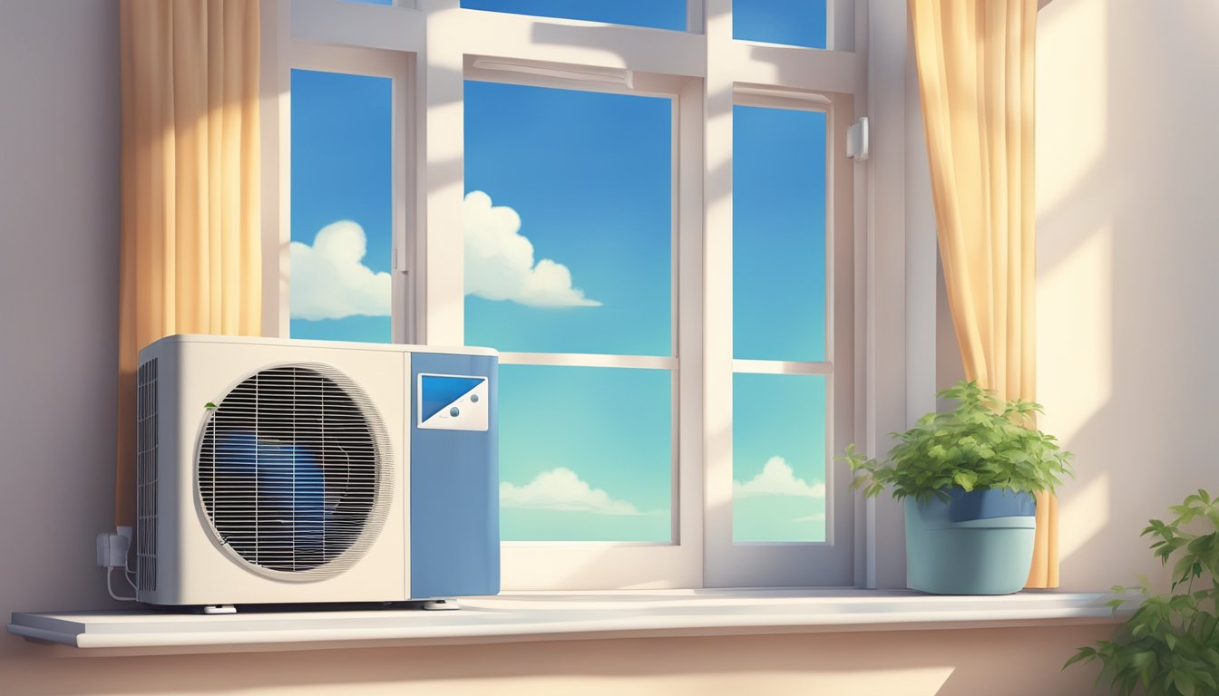 An air conditioning unit hums quietly on a window sill, surrounded by warm sunlight and a backdrop of blue sky and fluffy clouds