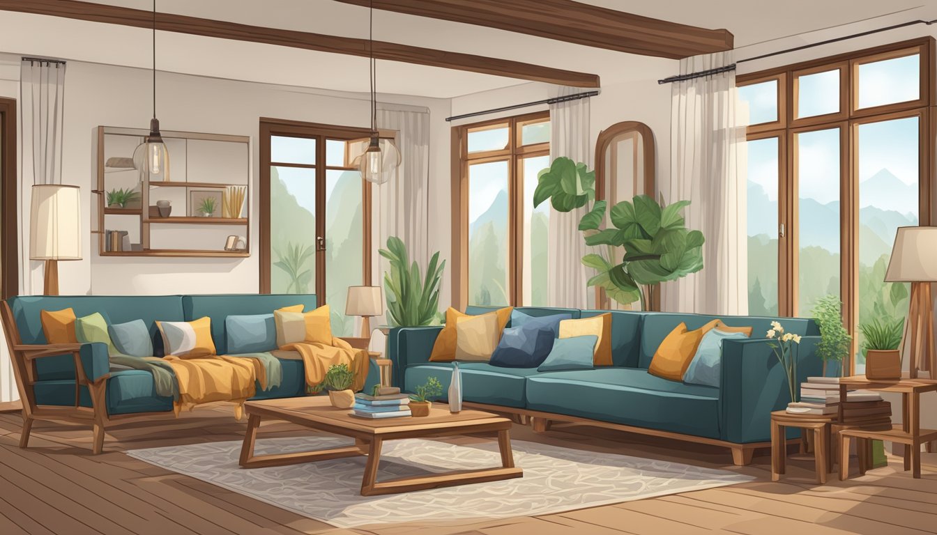 A cozy living room with various wooden settees arranged in different styles, from traditional to modern, showcasing their unique designs and craftsmanship
