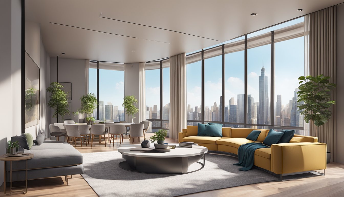 A spacious, modern living room with high ceilings, elegant furniture, and large windows offering a view of a city skyline