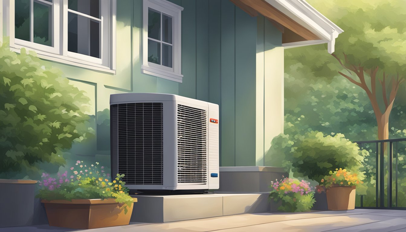 An air conditioning unit sits outside a house, surrounded by greenery, with a gentle breeze blowing through the air