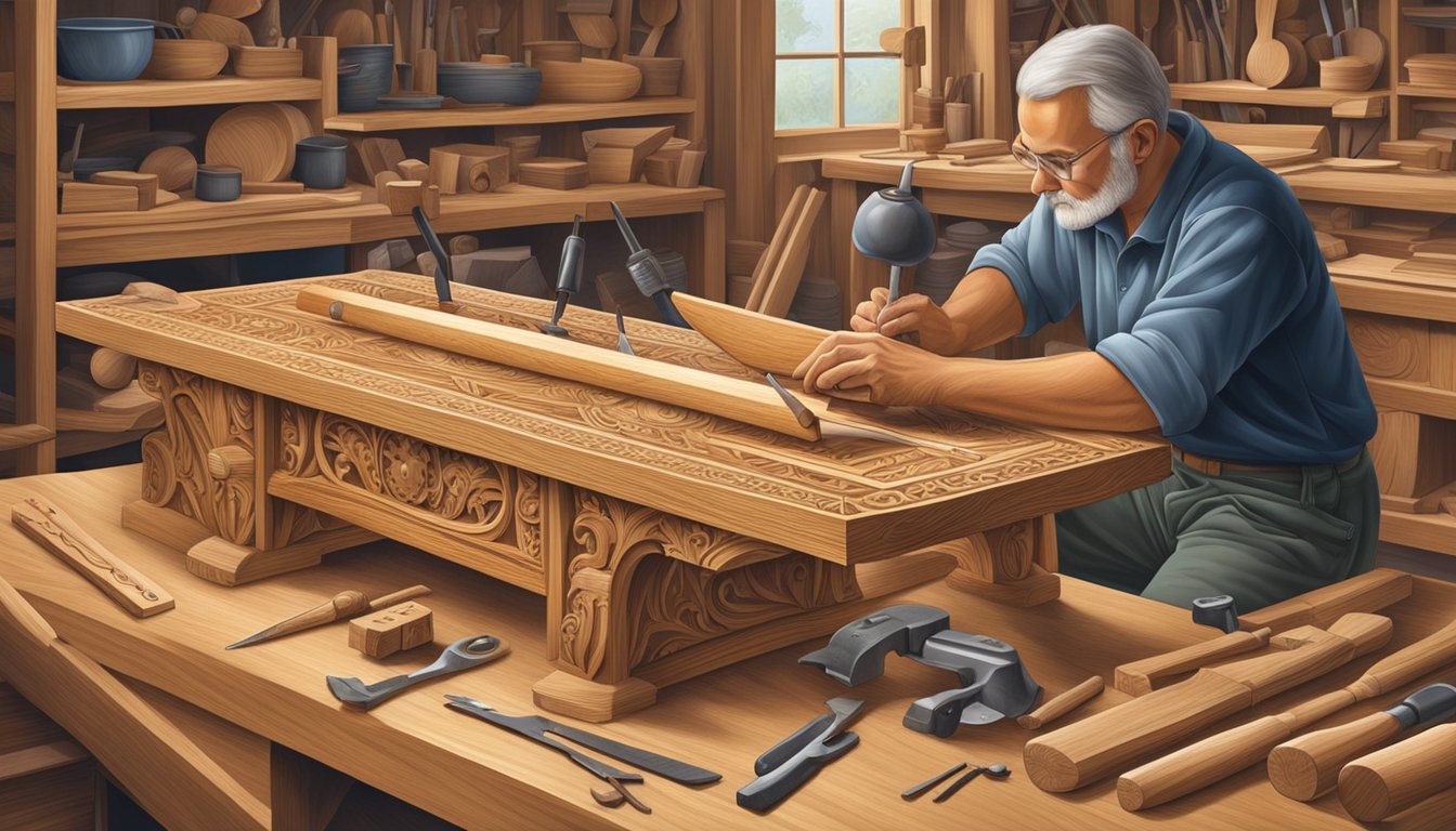 A carpenter meticulously carves intricate patterns into a solid oak settee, surrounded by an array of high-quality woodworking tools and materials