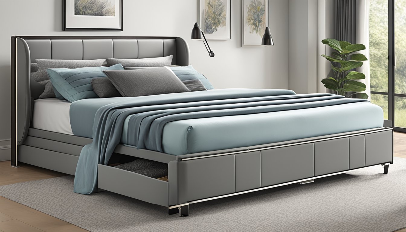 A queen bed with a pull-out bed underneath, featuring sleek design and seamless functionality