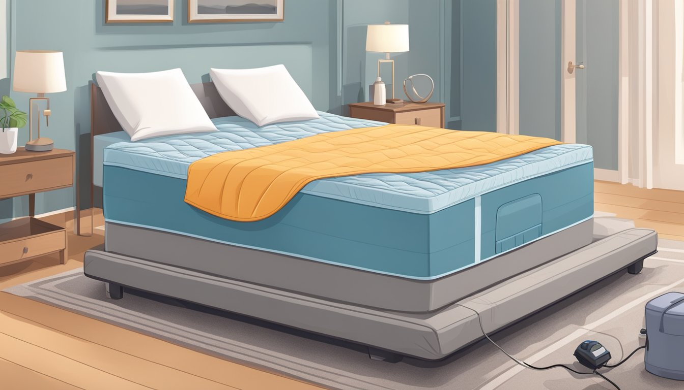 A mattress encased in a protective cover, with bed bug interceptors placed under each leg of the bed. A vacuum cleaner and steamer nearby for treatment