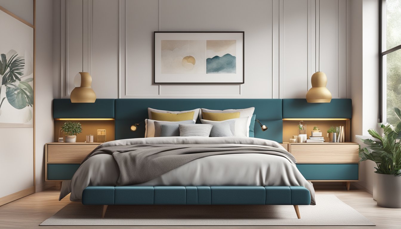 A cozy bedroom with a bed featuring a headboard with built-in storage compartments, creating a practical and stylish space for a relaxing shopping experience