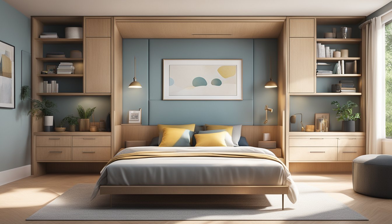 A neatly made bed with a headboard featuring built-in storage compartments. The room is well-lit with natural sunlight streaming in through a window