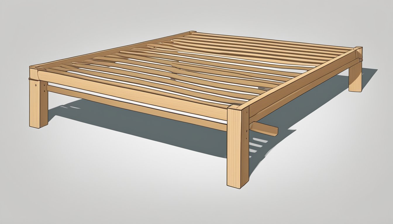 A slatted bed base sits within a wooden bed frame, with evenly spaced slats creating a sturdy and supportive surface for a mattress