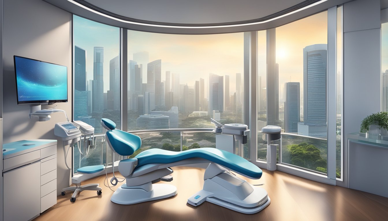A dentist in a modern clinic in Singapore, surrounded by advanced dental equipment and technology, with a view of the city skyline through a large window