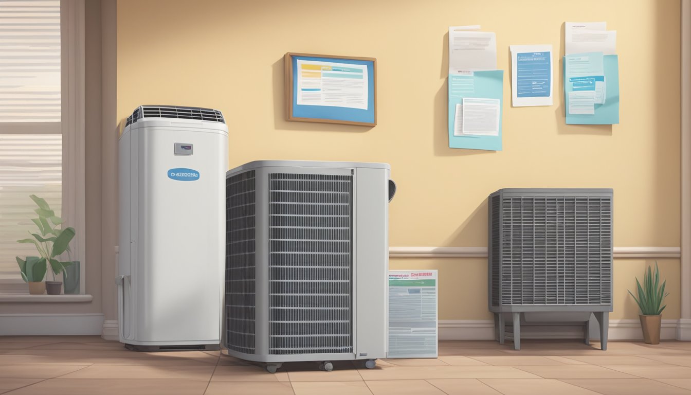 An air conditioning unit sits in a room, with a stack of "Frequently Asked Questions" pamphlets nearby