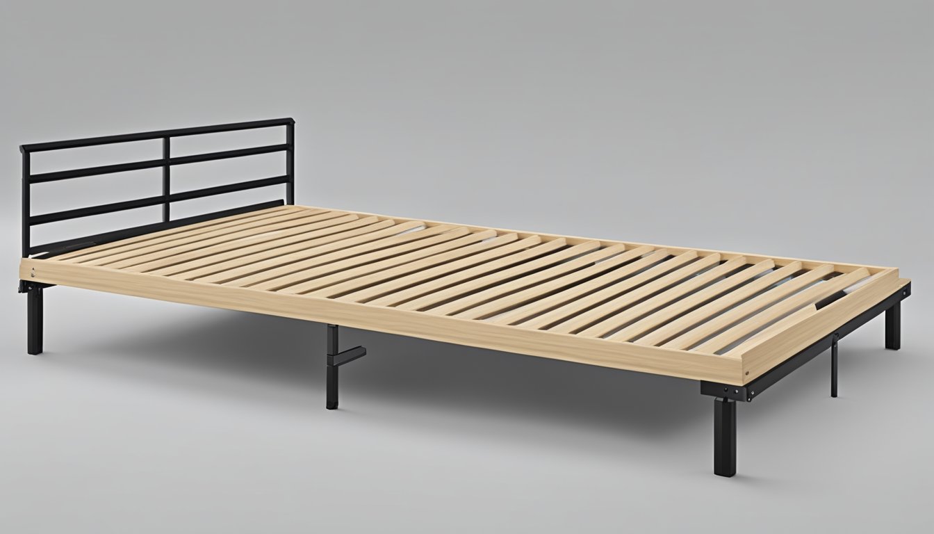 A slatted bed base with adjustable wooden slats and metal frame, supported by legs