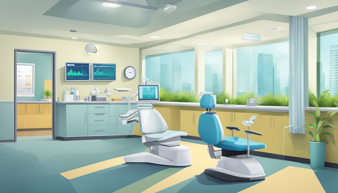 A dental clinic with modern equipment and a bustling waiting area. A salary chart on the wall shows increasing earnings over time
