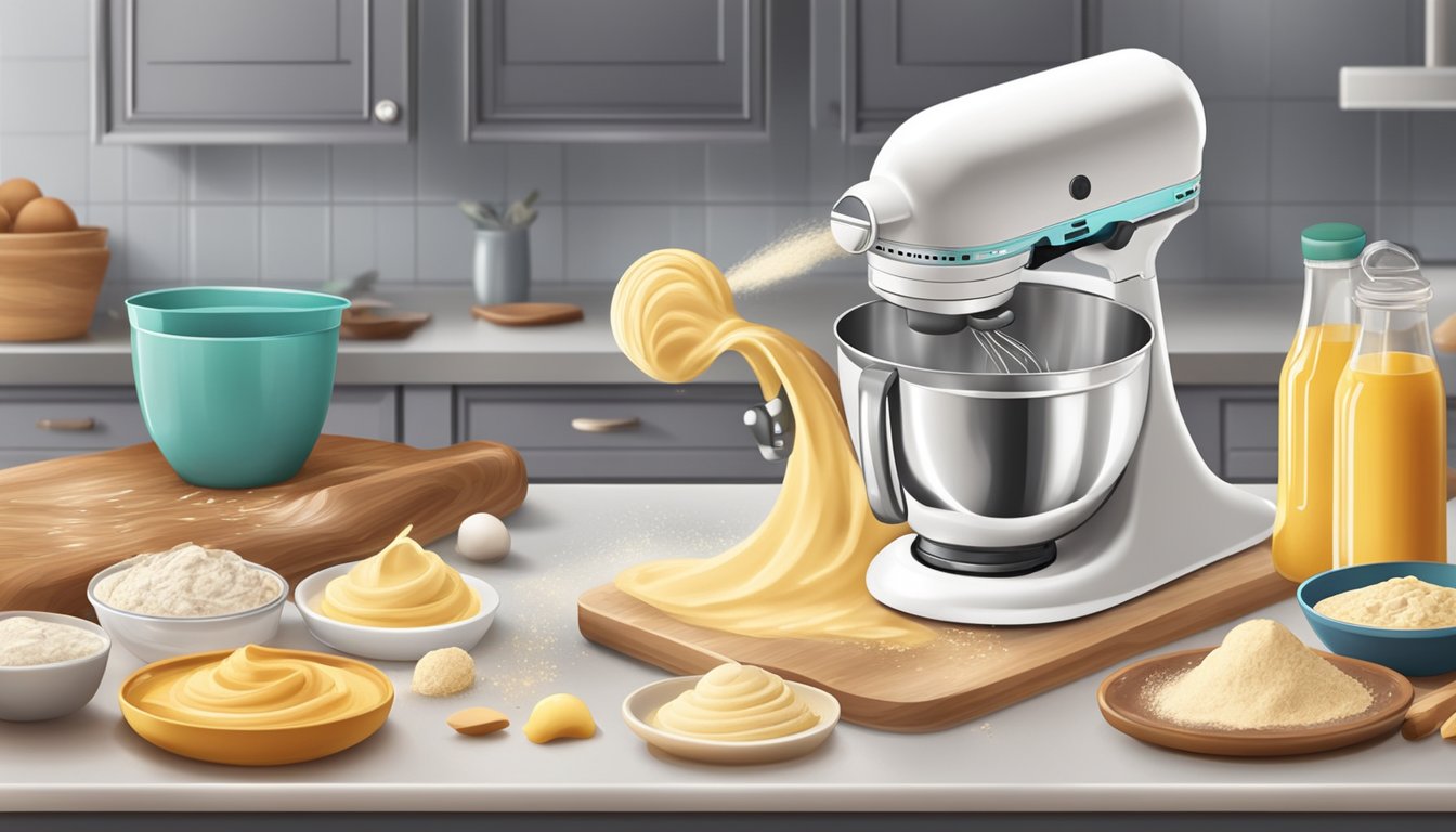 A kitchen countertop with various baking ingredients and a handheld mixer in action, creating a whirl of batter or dough