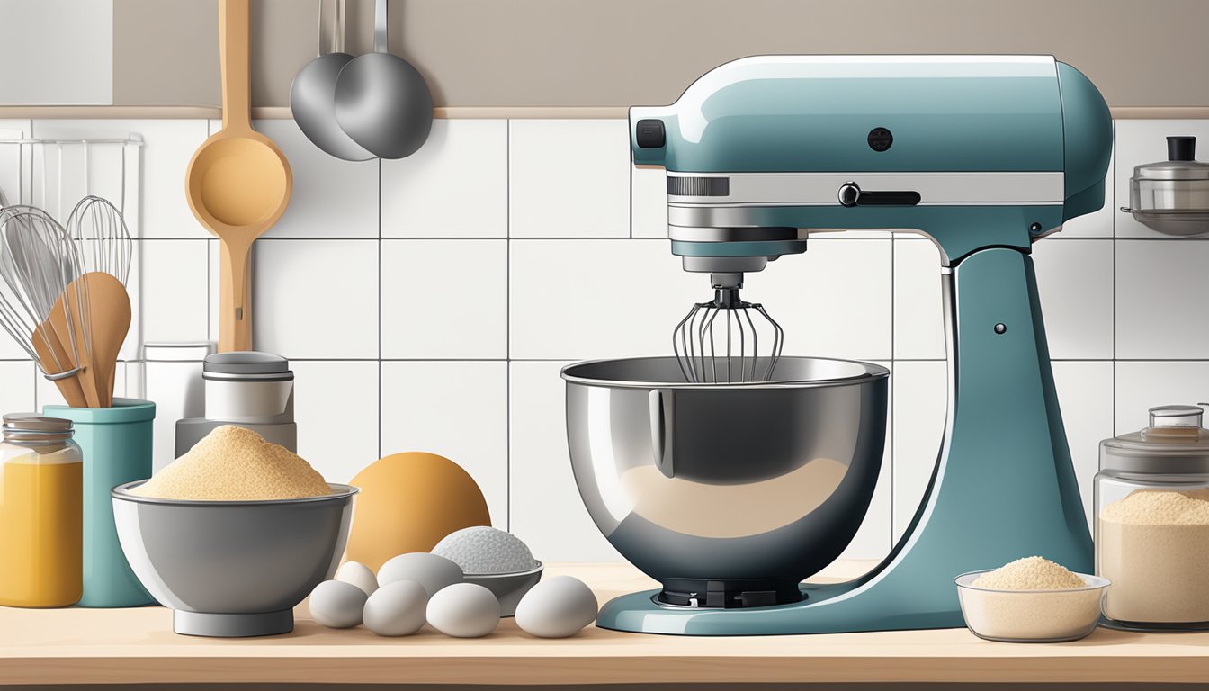A handheld mixer sits on a kitchen counter in Singapore, surrounded by various baking ingredients and utensils