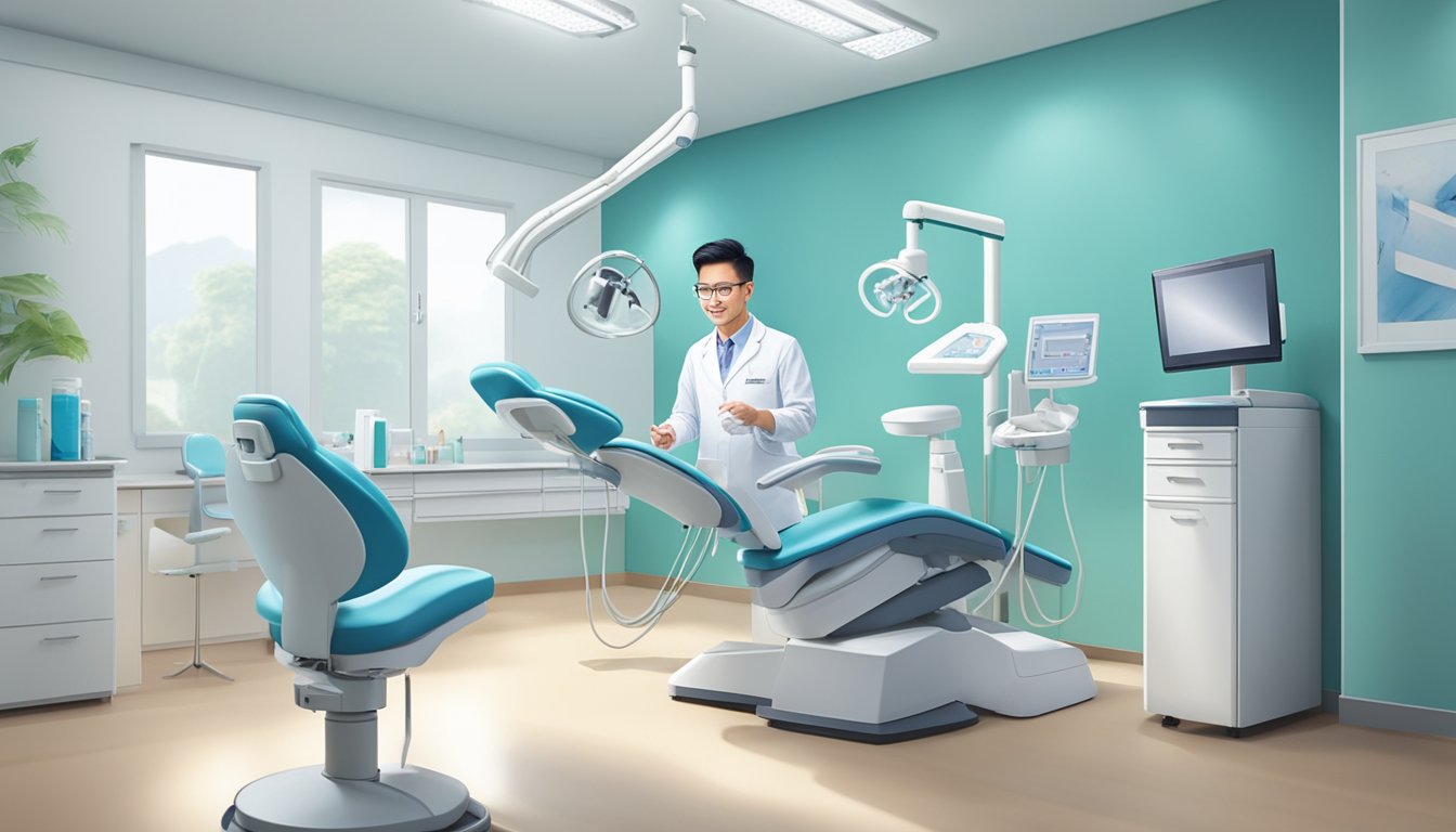 A dentist in Singapore is seen working in a modern clinic, focused on providing high-quality dental care to patients. The dentist is using state-of-the-art equipment and technology to maximize earnings