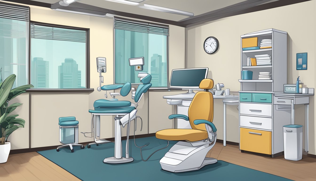 A dentist's office with a computer, desk, and chair. A sign on the wall reads "Frequently Asked Questions: How Much Does a Dentist Make in Singapore?"
