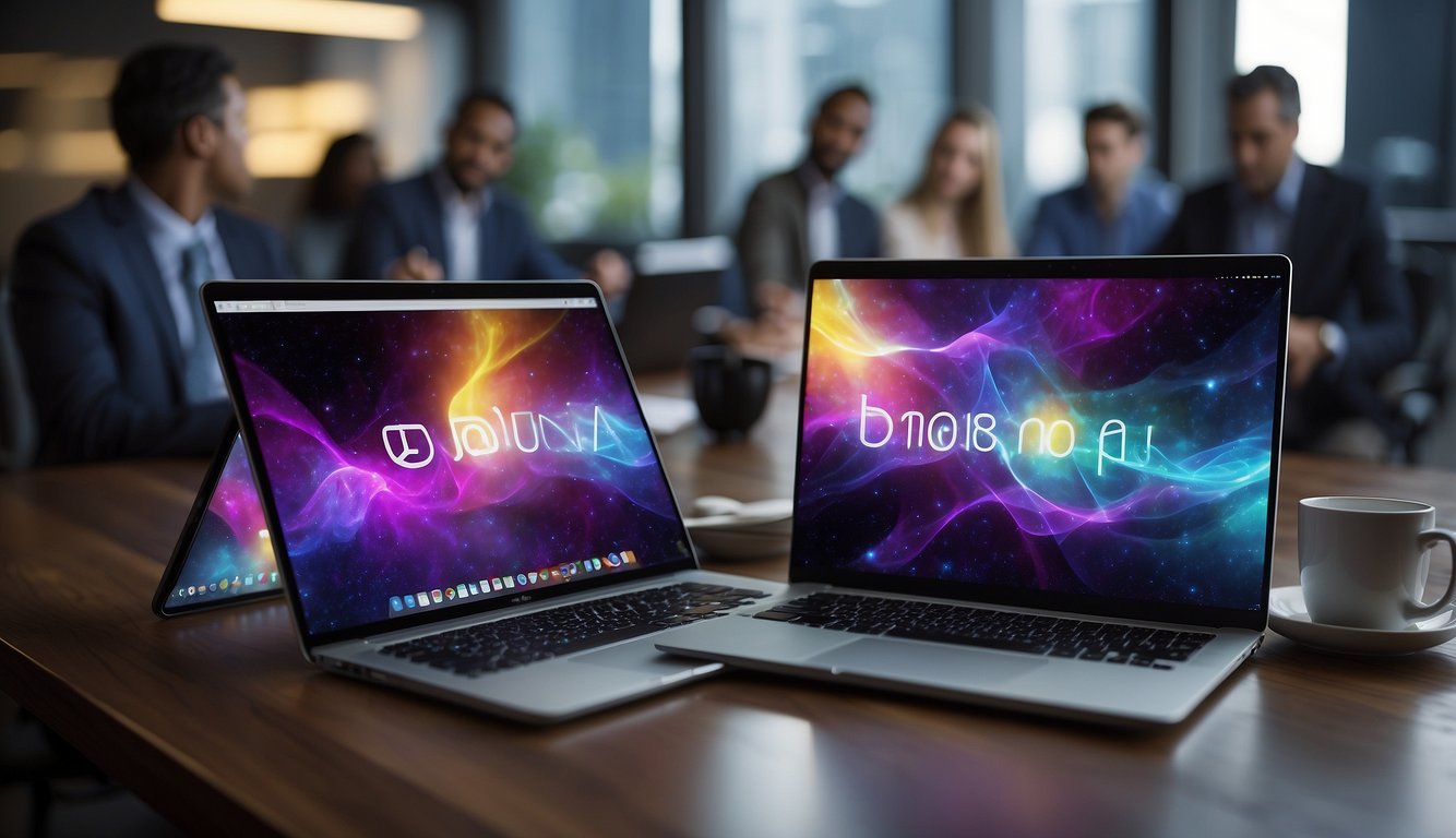 A group of digital devices connect wirelessly, displaying vibrant ideas and concepts in a virtual meeting space, fostering creative collaboration and innovation